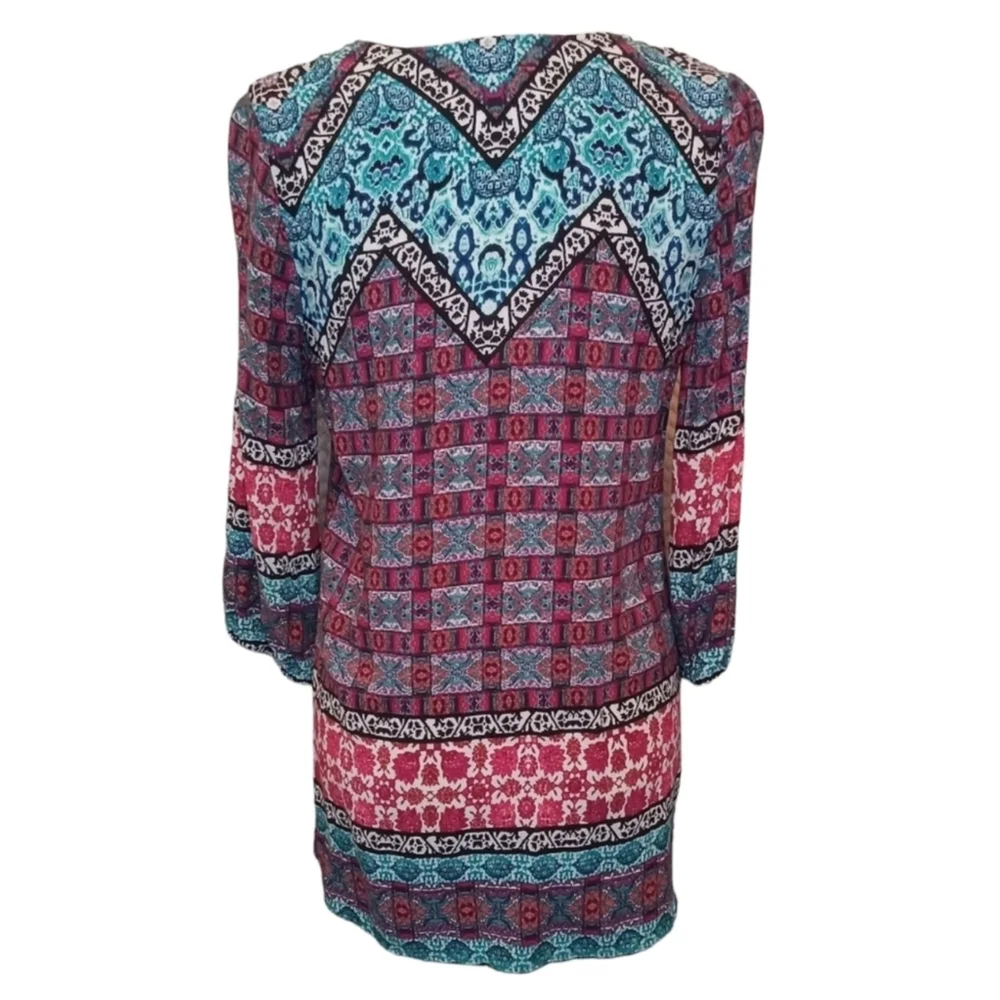 RED CAMEL MULTI-PRINT BOHO TOP/BLOUSE W/LONG BISHOP SLEEVES - SIZE M Ptp 19" - Picture 3 of 6